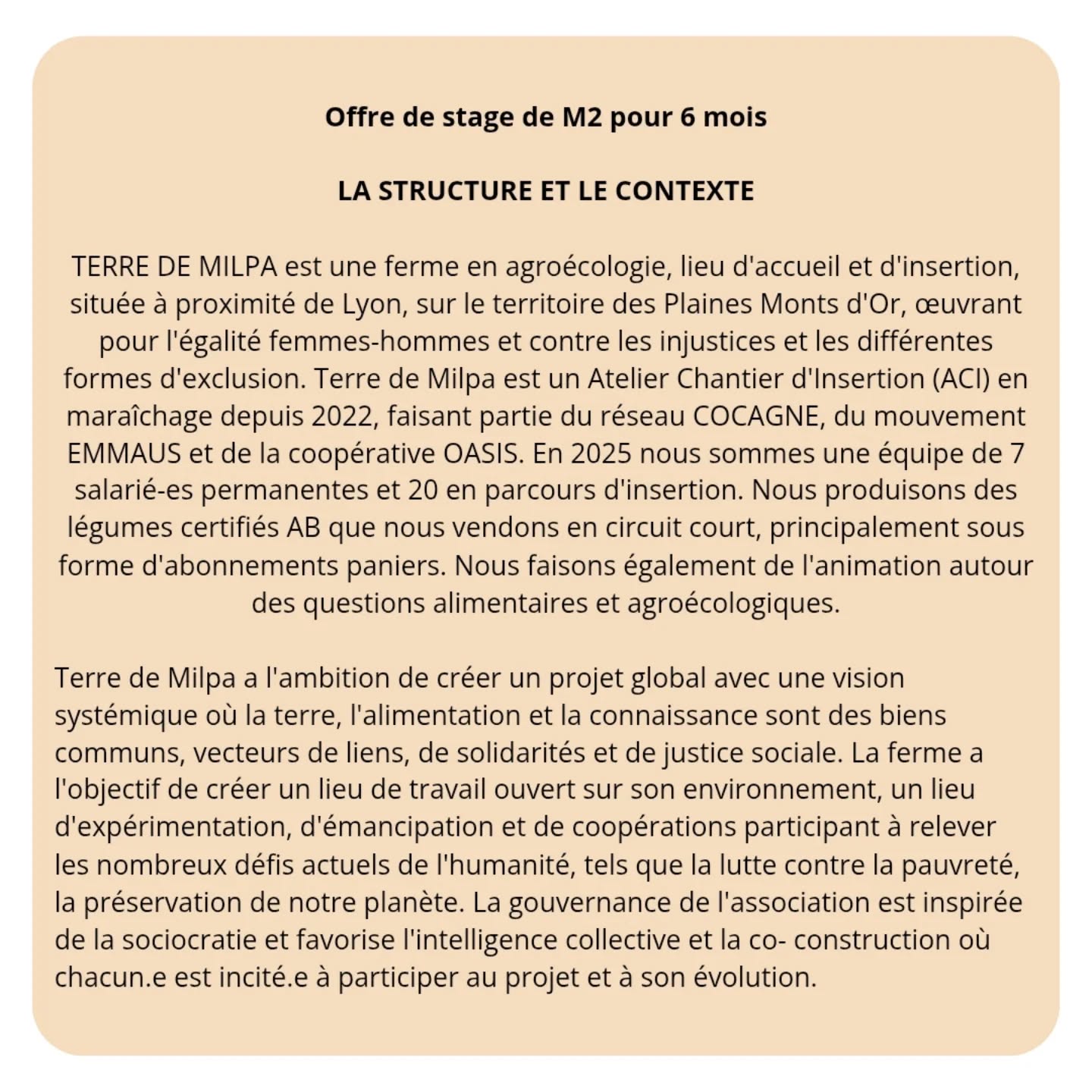 A la recherche d'un stage de 6 mois plein de sens pour valider ton M2 ?
Ca tombe bien, l'équipe Terre de Milpa recherche un.e étudiant.e de Master 2 polyvalent.e, motivé.e et curieux.se, qui partage ses valeurs et qui souhaite s'investir dans un projet agroécologique et solidaire
L'annonce complète est disponible ici 👆🏿👆🏾👆
#recrutement #stage #master