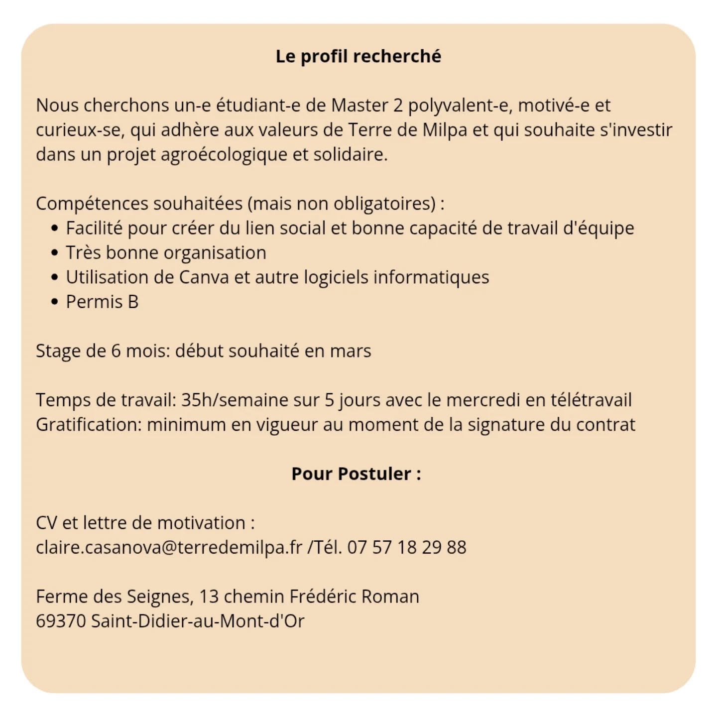 A la recherche d'un stage de 6 mois plein de sens pour valider ton M2 ?
Ca tombe bien, l'équipe Terre de Milpa recherche un.e étudiant.e de Master 2 polyvalent.e, motivé.e et curieux.se, qui partage ses valeurs et qui souhaite s'investir dans un projet agroécologique et solidaire
L'annonce complète est disponible ici 👆🏿👆🏾👆
#recrutement #stage #master